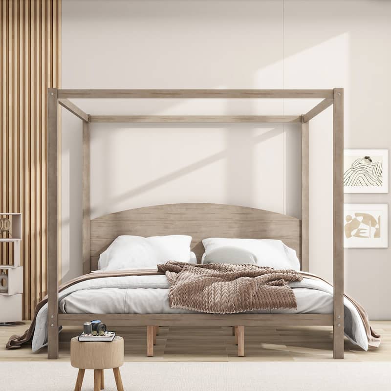 King Pine Canopy Bed with Headboard & Support Legs