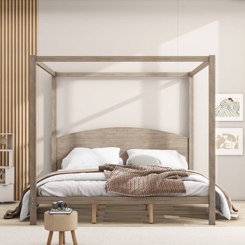 Queen/King Canopy Platform Bed with Headboard and Sturdy Wooden Slats, Support Legs for Added Stability