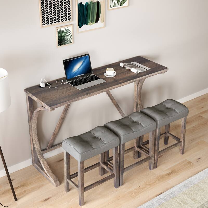 Bar Table Set with Power Outlet, Bar Table and Chairs Set, 4 Piece Dining Table Set - Brown