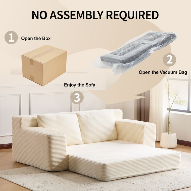 Floor Corduroy Deep Seat Loveseat Sofa with Folding Mattress Convertible Sleeper Sofa Bed with Reversible Cushion and Pillows