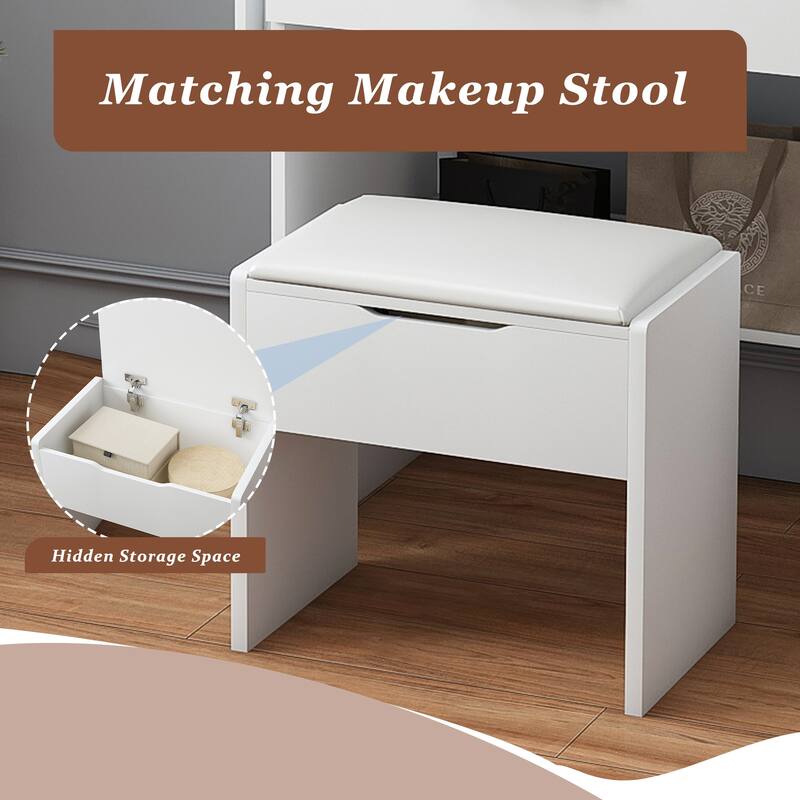 Roomfitters Makeup Vanity Desk with Charging Station, Lighted Mirror & Storage Stool, Expandable Table, White