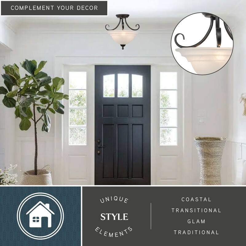 Babylon 14-in W Bronze Semi Flush Mount Ceiling Light White Glass - 14-in W x 12.75-in H x 14-in D