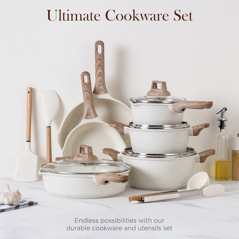 Country Kitchen 14 Piece Kitchen Cookware Set, Nonstick Cast Aluminum with Utensils, Sage