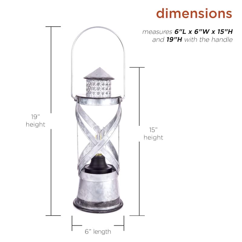 Alpine Corporation 15"H Indoor/Outdoor Vintage Metal Lantern with LED Lights, Silver