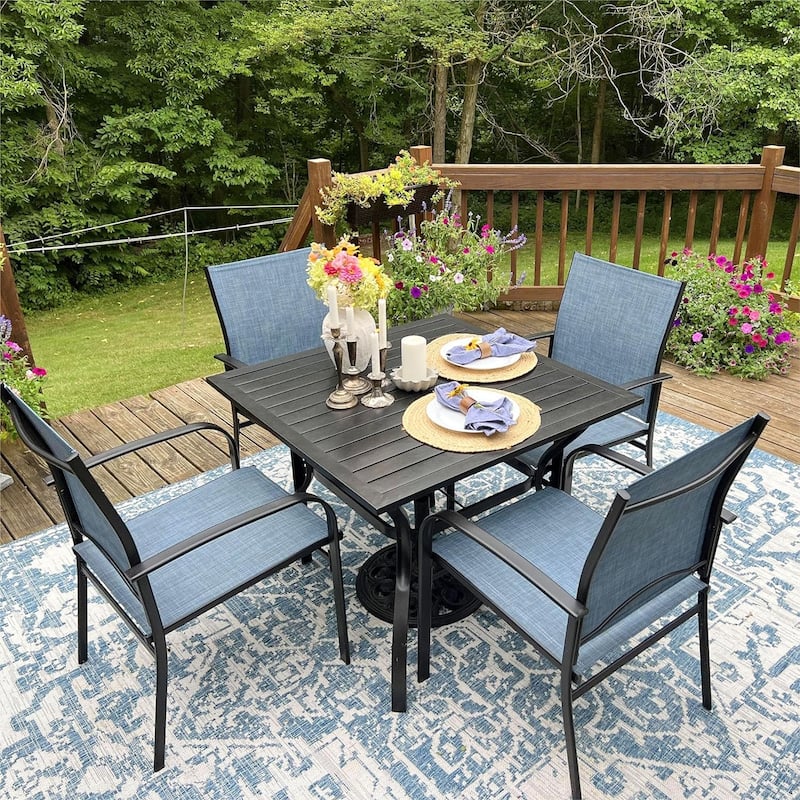 MAISON ARTS 5-Piece Patio Dining Set, 37 Inch Square Metal Table and 4 Textilene Dining Chairs