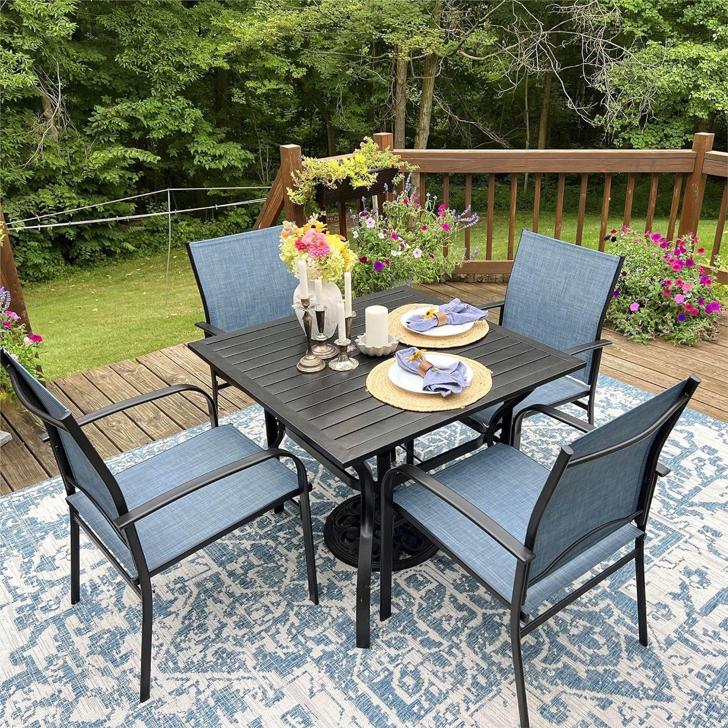 MAISON ARTS 5 Pieces Patio Dining Set, 37 Inch Square Metal Table and 4 Textilene Dining Chairs