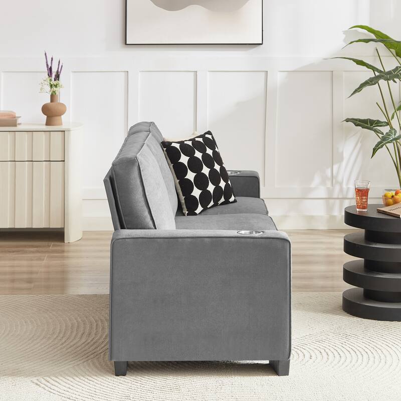 84.25" Velvet 3-Seater Sofa, Armrest Cup Holders and Spring Cushions