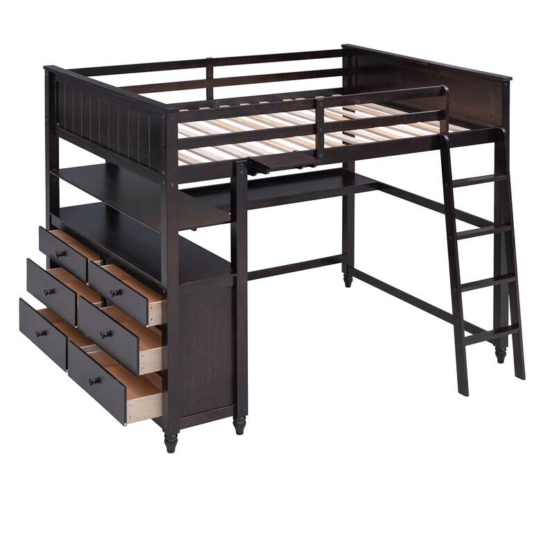 Full Size Loft Bed with Drawers & Desk, Wooden Bedframe w/ Shelves