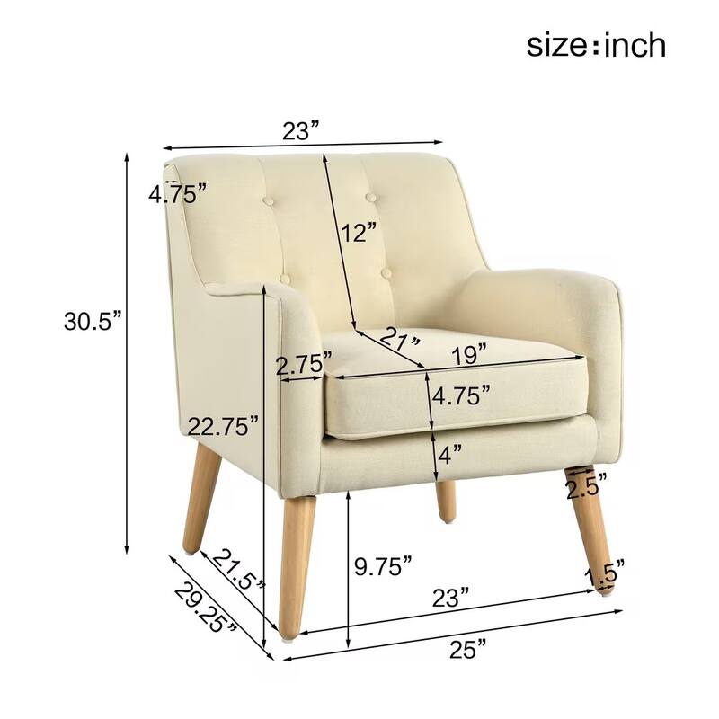 Mid-Century Modern Armchair - Tufted Fabric Accent Chair with Solid Wood Legs- Classic Button-Tufted Back & Tapered Design