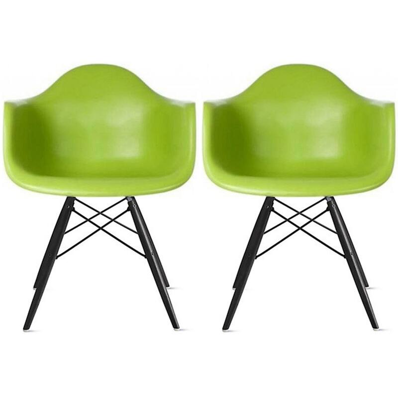Set of 2 Color Modern Arm Chairs For Dining Room Kitchen Solid Molded Plastic Seat Dark Black Wood Eiffel Legs - Green