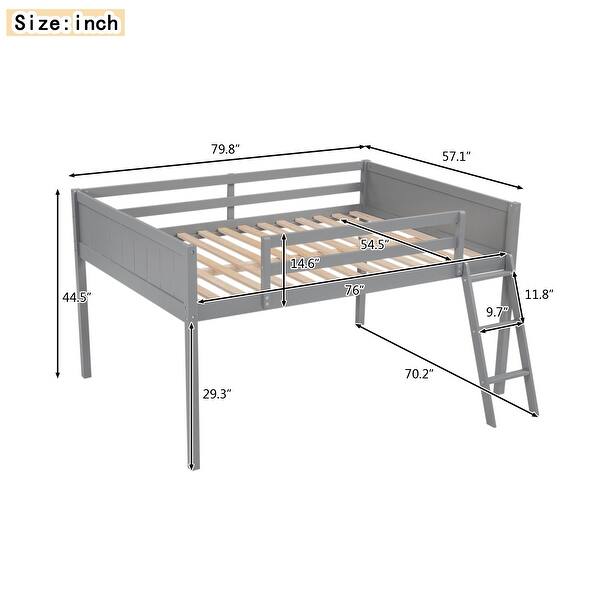 Full Size Wood Loft Bed with Ladder, Gray