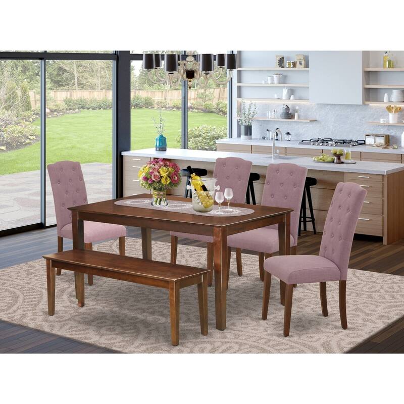 Bohemian Dining Set - 6Pc Table & Chairs with Bench - Mahogany Finish - 60