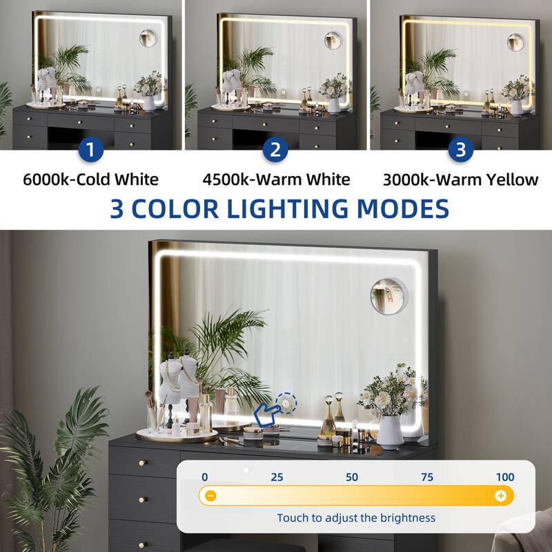 Moasis 9-Drawer Makeup Vanity Set with Stool and Mirror, Glass Top Vanity Desk with LED Lights