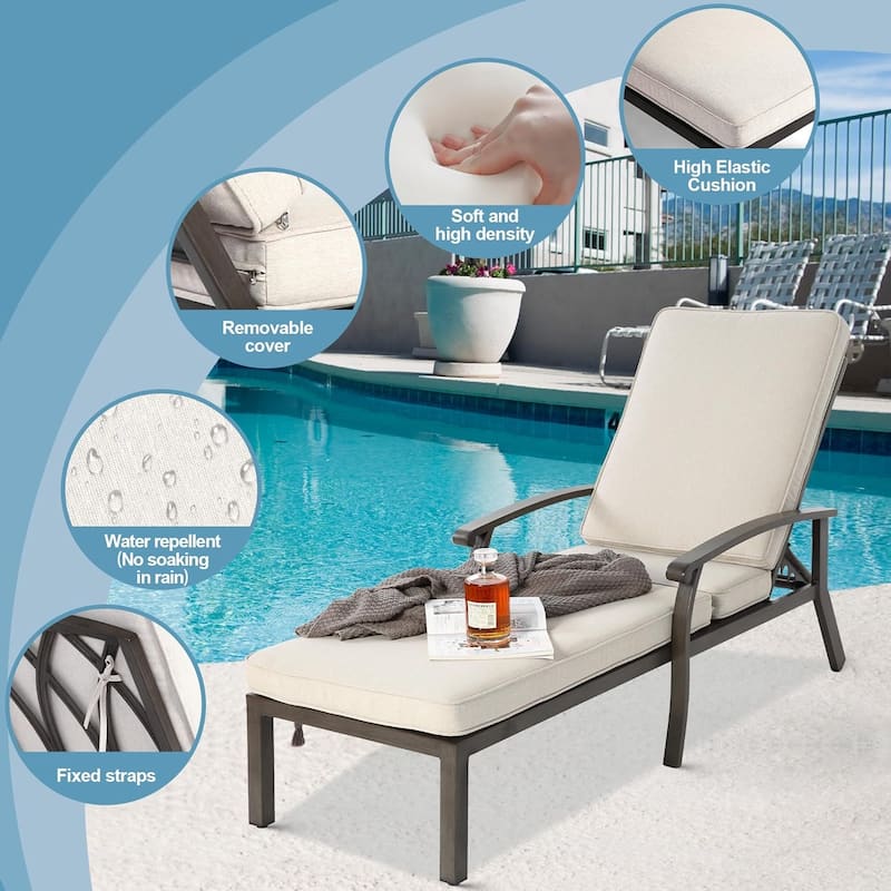 HOMEFUN 3-Piece Outdoor Aluminum Reclining Chaise Lounge (set of 2)with Table and Cushions
