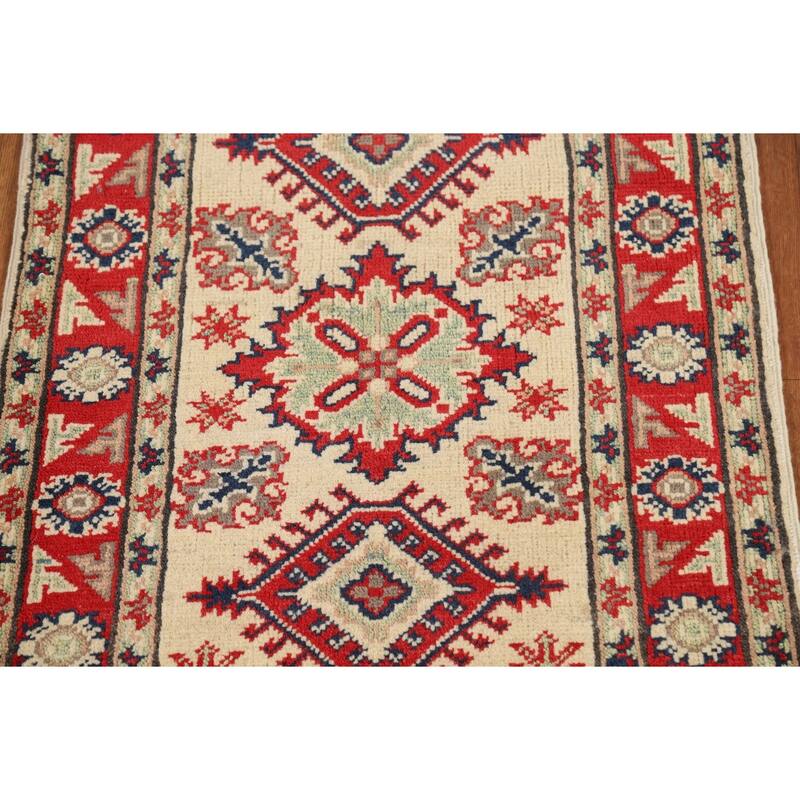 Geometric Kazak Oriental Rug Handmade Traditional Beige Wool Carpet - 2'0" x 3'0"