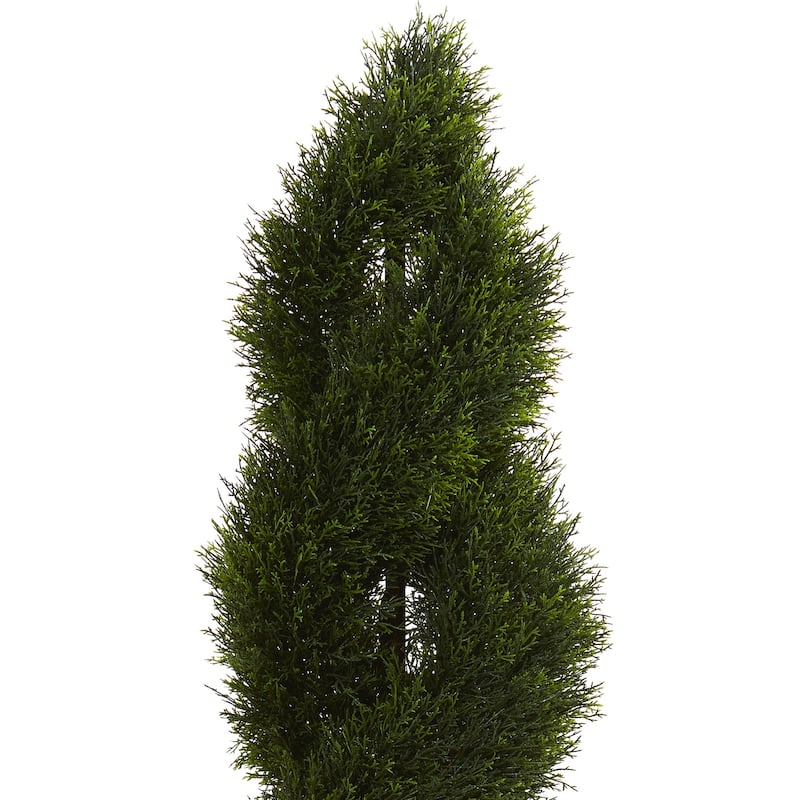5.5ft Double Pond Cypress Spiral Artificial Tree in White Tower Planter with UV Resistant Greenery for Indoor or Patio