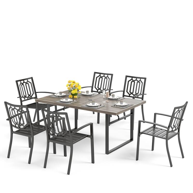MAISON ARTS 7-Piece Patio Dining Set with Metal U-Shaped Leg Brown Dining Table and Metal Dining Chairs