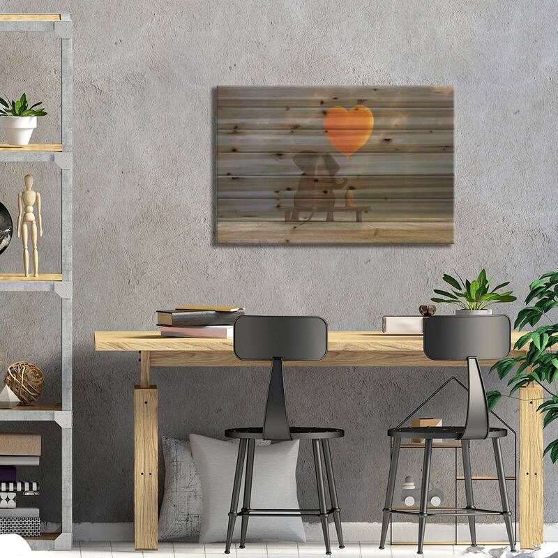 Elephant And Dog Holding A Heart Shaped Balloon Print On Wood by Mike Kiev - Multi-Color