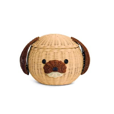 Dog Head Rattan Storage Basket with Lid Decorative Bin Home Decor Hand Woven Shelf Organizer Cute Handmade Handcrafted Gift