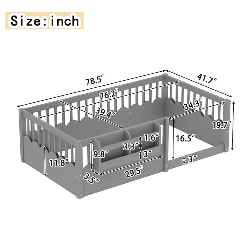 Montessori Floor Bed Kids Bed Frame with Heightened Fence and Bookshelf, Wavy Decoration Wood Platform Bed, No Slats Design