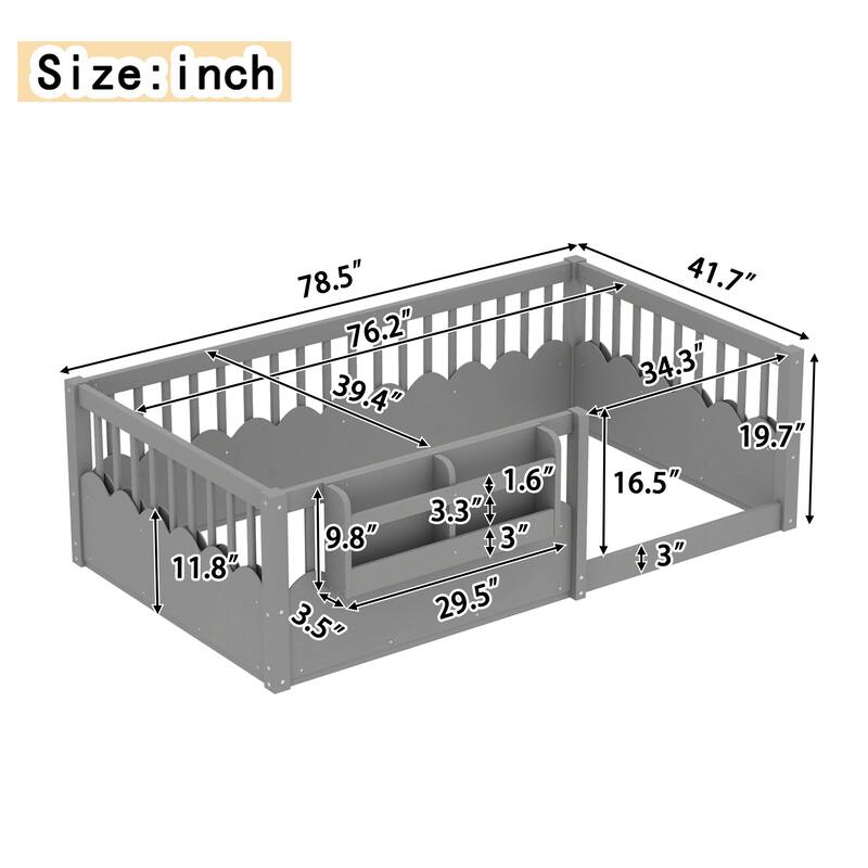 Queen/Full/Twin Floor Bed with Fence and Bookshelf, Wood Kids Floor Bed