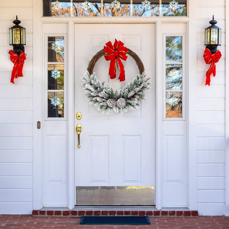 24" Pre-Lit Snow Flocked Christmas Wreath with LED Lights and Pine Cones - Dia 24"