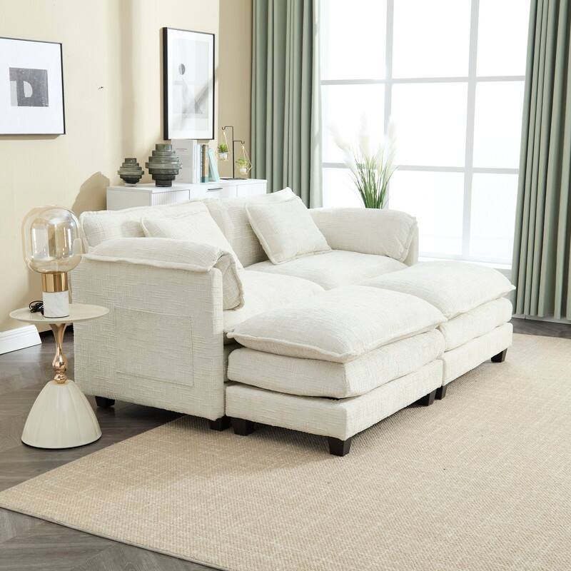 76.77" Chenille Upholstered Sofa with 2 Ottomans
