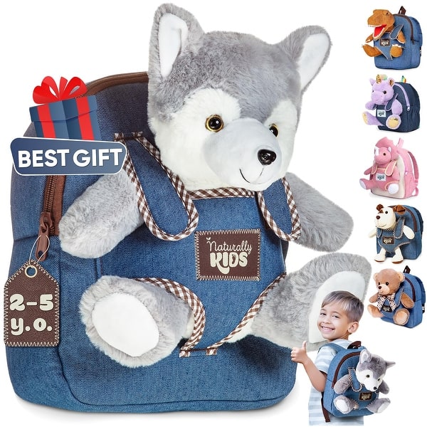 slide 2 of 7, Wolf Backpack, Wolf Toys for Kids 3-5, Toddler Husky Stuffed Animal Gifts for 2 3 4 5 Year Old Girl Boy 20 Husky Wolf