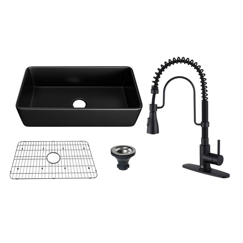 Premium Fireclay Farmhouse/Apron-Front Single Bowl Kitchen Sink with 3-Function Pull-Down Kitchen Faucet Combo - 36" Matte Black Sink + 3-Function Pull-Down Faucet - 36 x 18 x 10