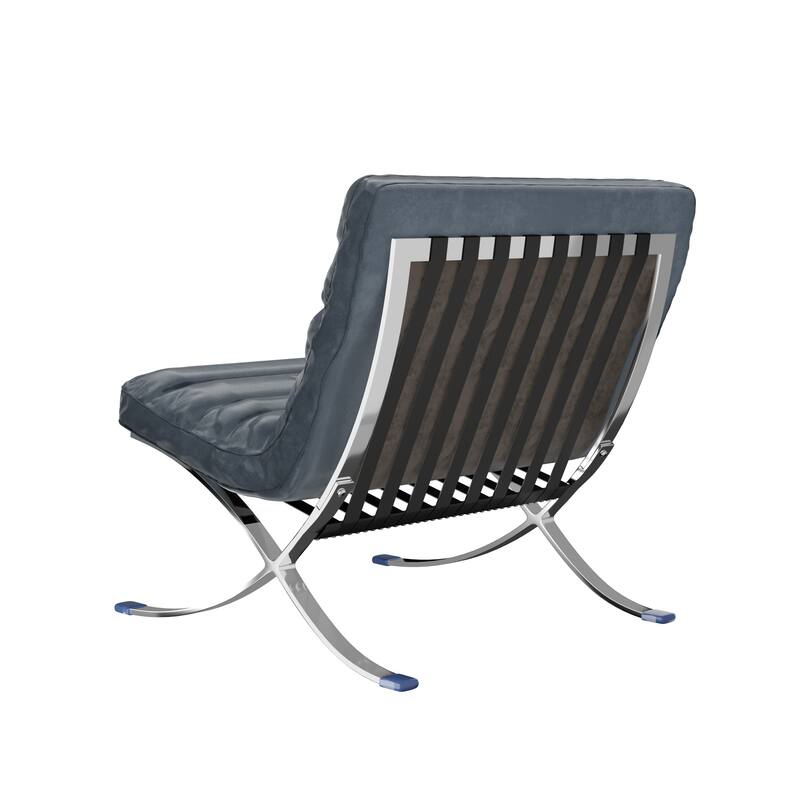 HomeRoots 29" Blue and Silver Tufted Leather and Upholstered Folding Lounge Chair - 29.30 in. x 28.00 in. x 29.30 in.