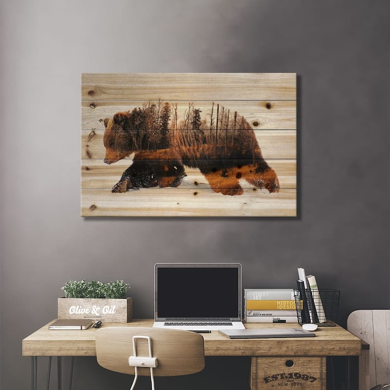 Travelling Bear Print On Wood by Andreas Lie - Multi-Color