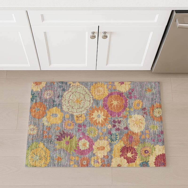 Machine Washable Indoor/ Outdoor Modern Floral Chantille Rug