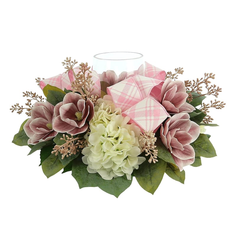 Peony and Hydrangea Glass Candle Holder Centerpiece - Pink; White