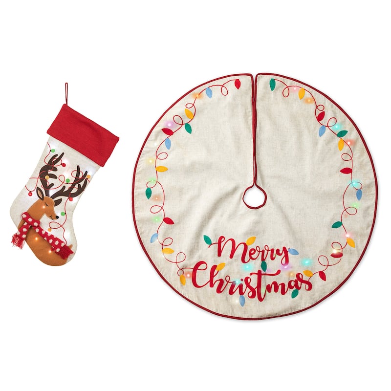 Glitzhome 21"L LED Embroidered Linen Reindeer Cat Dog Christmas Stockings - 2 PK Reindeer & "Merry Christmas" Tree Skirt