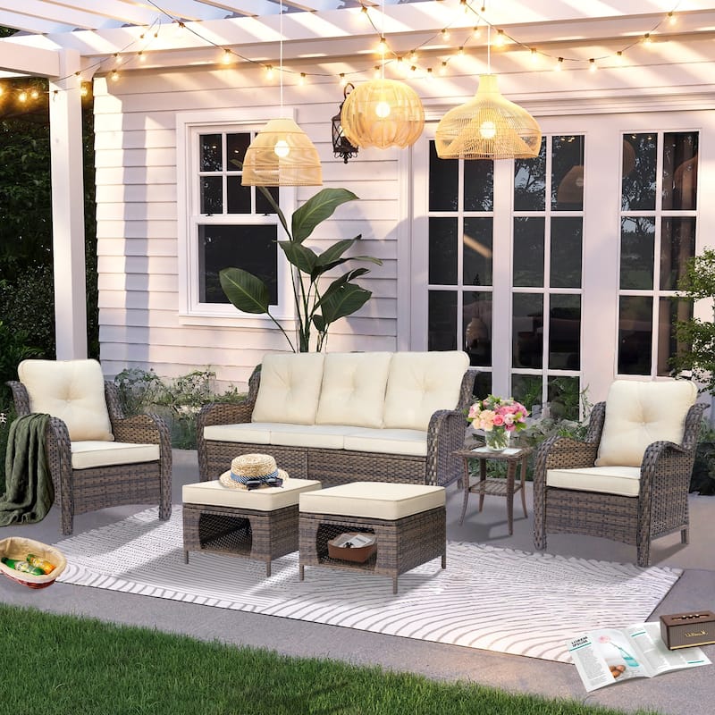 High Back Brown Wicker Outdoor Patio Furniture Sets with Patio Chairs - 6 Piece - Beige