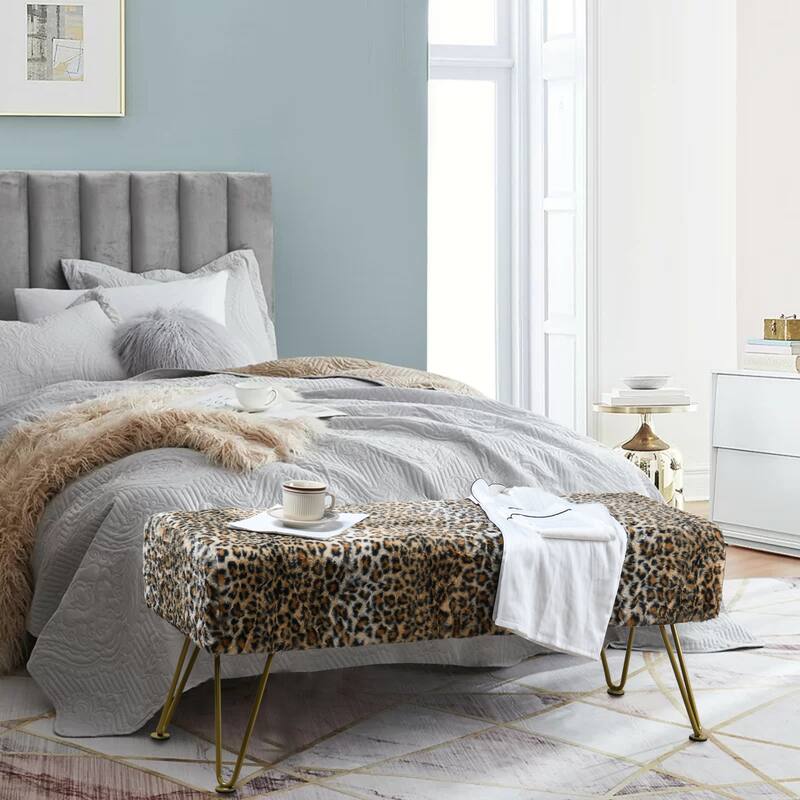 Home Soft Things Leopard Fauxfur Ottoman with Gold Metal Legs - 46"x16"x17"