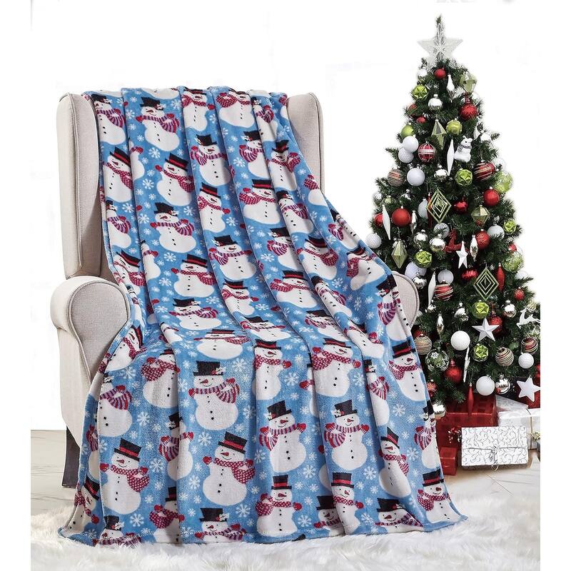 NobleHouse Happy Holidays Microplush Throw Blanket (50'' x 60'') - Blue Snowman - Throw