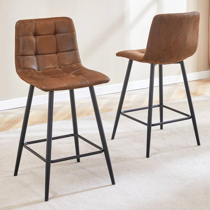 Modern PU Bar Chair 2 Pieces with Metal Legs, Checkered Design, Waterproof and Stain Resistant Suitable for Bars, Living Rooms