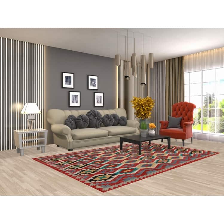 Hand Woven Oriental 100% Wool Carpet Southwestern Geometric Multi-Colored Kilim Area Rug - 8' 4'' X 5' 6''