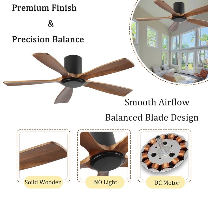 60-Inch Ceiling Fan Without Light, Solid Wood Blades, Ultra-Quiet DC Motor, Remote Control with 6 Speeds Reversible Function