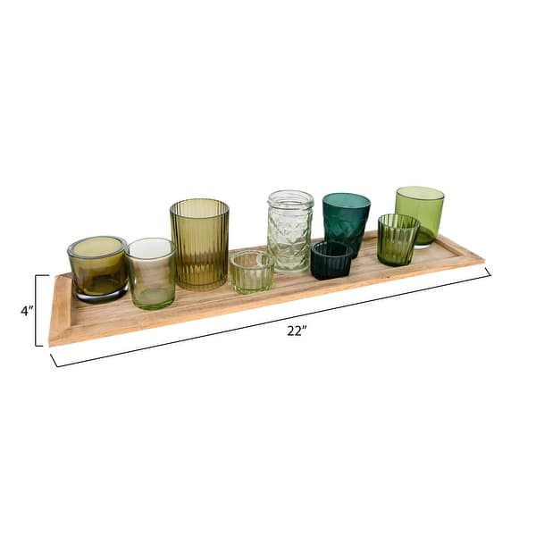 dimension image slide 1 of 2, Wood Tray with 9 Blue & Green Glass Votive Holders