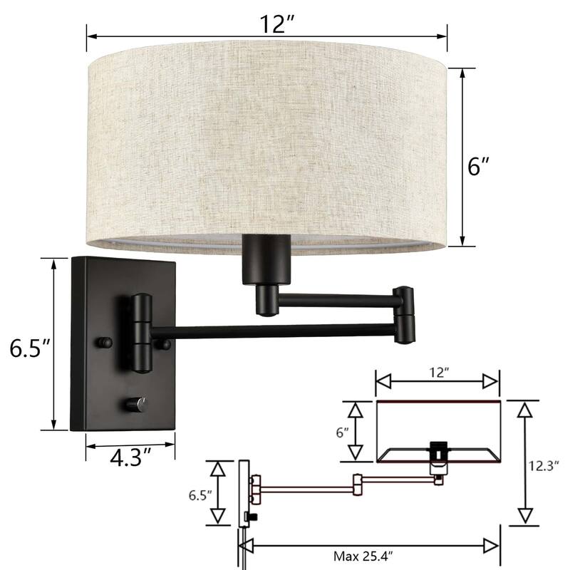 Cagli Black & Beige Shade Wall Sconces Plug-in & Hardwired Swing Arm Wall Lights, 1-Light