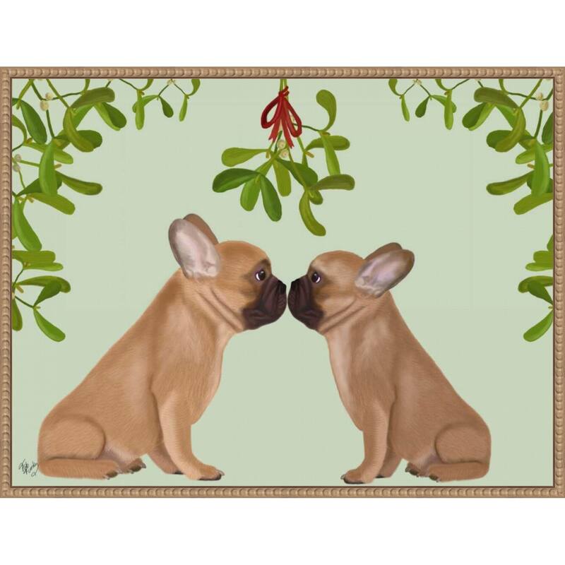 French Bulldogs and Mistletoe by Fab Funky (30 x 23 in.), Framed Canvas Wall Art Print - Sylvie Beaded Rustic Natural