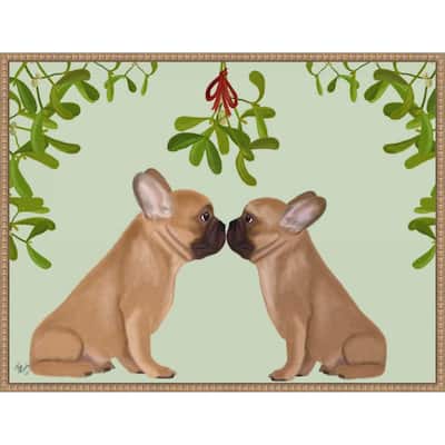 French Bulldogs and Mistletoe by Fab Funky (30 x 23 in.), Framed Canvas Wall Art Print - Sylvie Beaded Rustic Natural