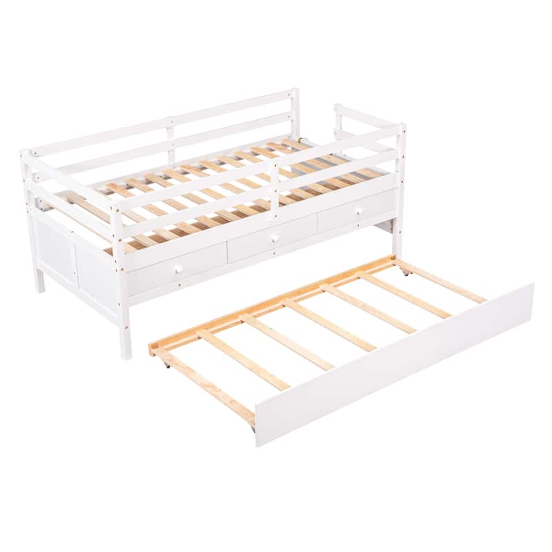 Solid Wood Low Bed with Full Safety Fence, Climbing ladder,Storage Drawers and Trundle