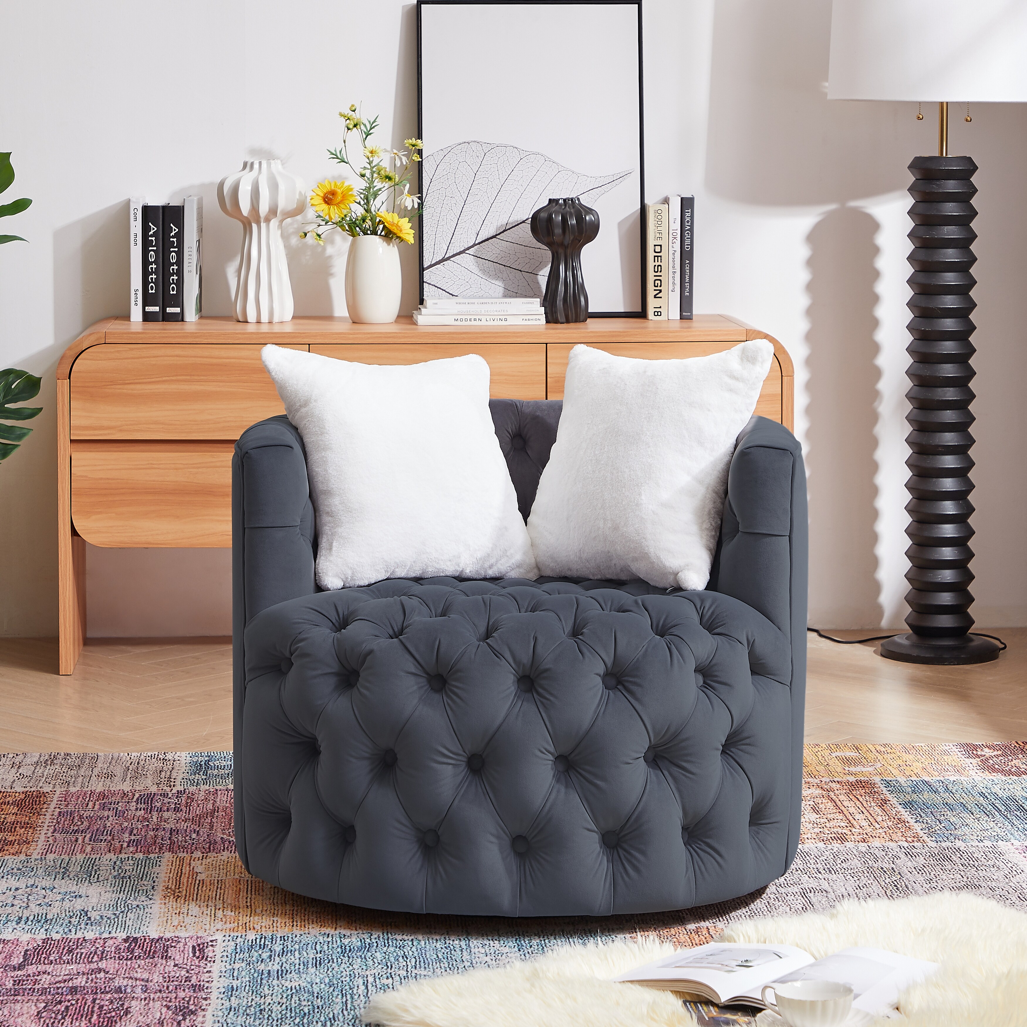 Swivel Barrel Chair with Rotating Base and 2 Pillows Modern