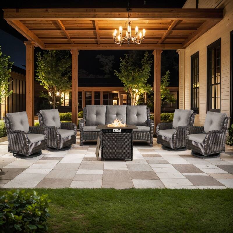 Pocassy 6 Pieces Fire Pit Table with Sofa Swivel Chairs Set - Brown Wicker Gray Cushion - 6 Pieces Sofa Swivel Chairs with Fire Table
