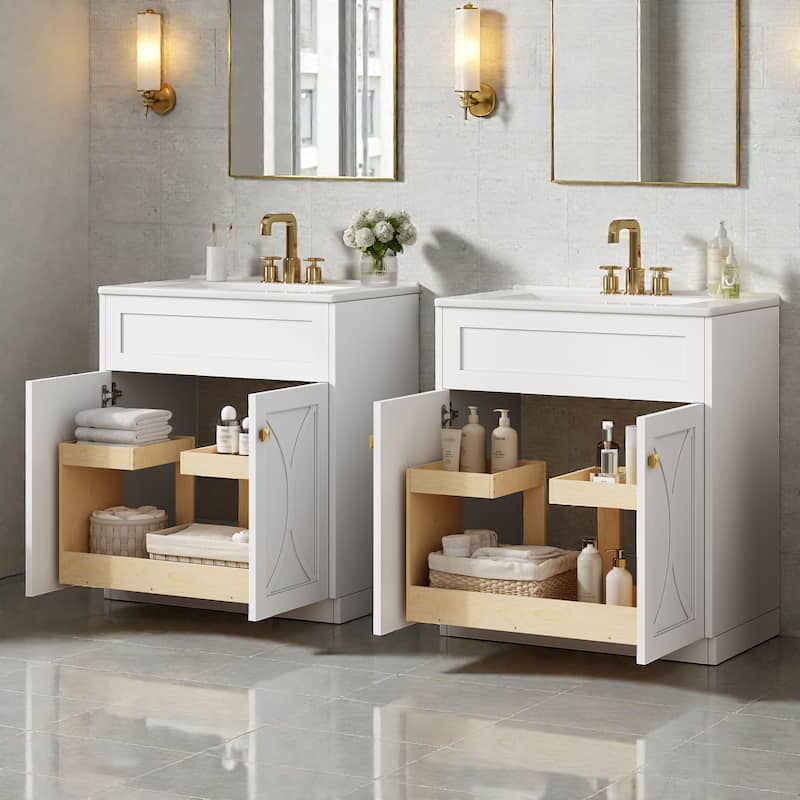 60 Inch Bathroom Vanity Set with Ceramic Sink, Modern Freestanding Storage Cabinet with Gold Handles and Soft Close Doors