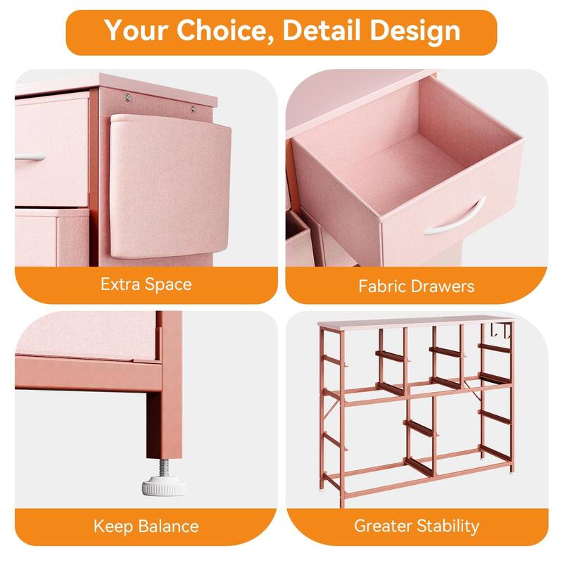 Fabric 10 Drawer Dresser for Bedroom, Metal Frame Storage Organizer Chest with Side Pockets, Hooks