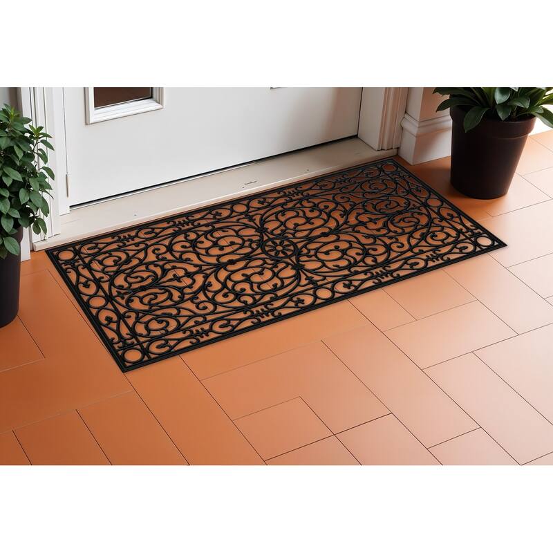 HomeRoots 22" X 48" Black Scrollwork Outdoor Rubber Door Mat - 22' X '48 - 22' X '48